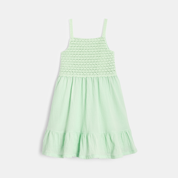 Robe à bretelles détail crochet et volant vert Fille