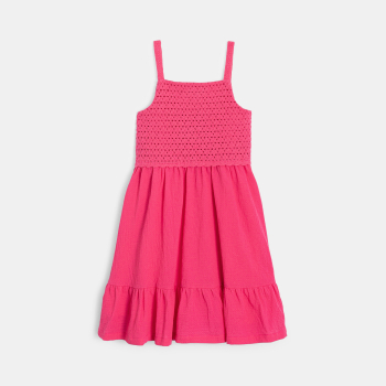Robe à bretelles détail crochet et volant rose Fille