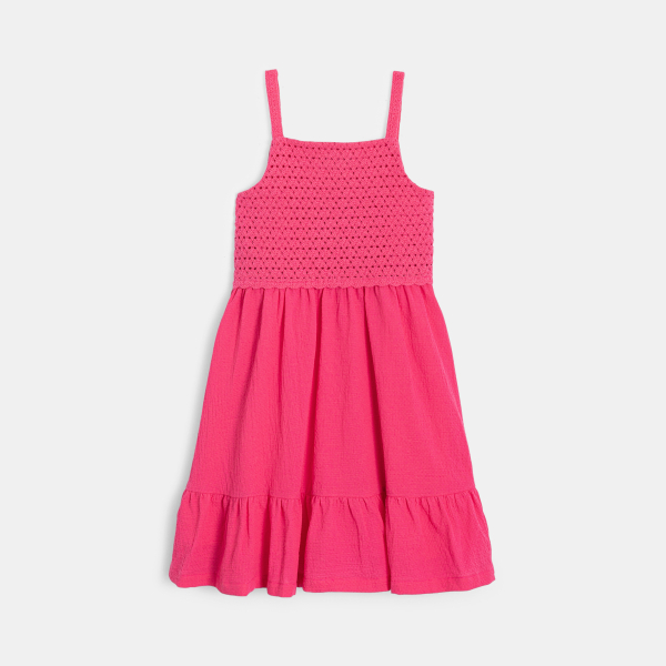 Robe à bretelles détail crochet et volant rose Fille