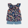 Blouse col volanté et short denim léger bleu bébé fille