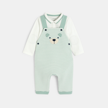 Salopette longue coton fantaisie rayé et body vert bébé garçon
