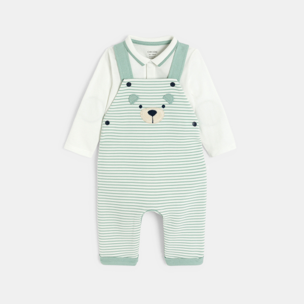 Salopette longue coton fantaisie rayé et body vert bébé garçon