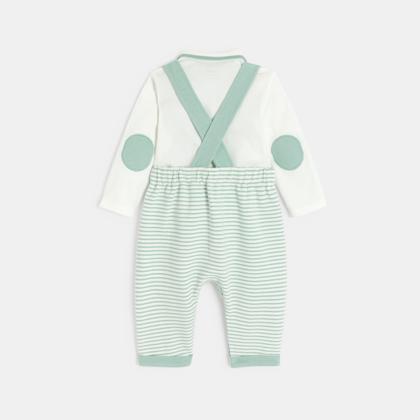 Salopette longue coton fantaisie rayé et body vert bébé garçon