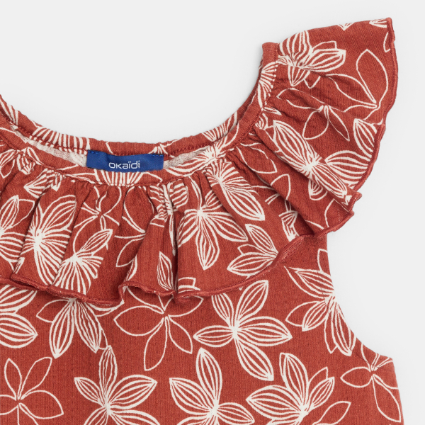 قميص داخلي مطبوع بياقة مكشكشة بني صدئ للفتيات