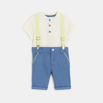 Bermuda à bretelles et t-shirt bleu bébé garçon