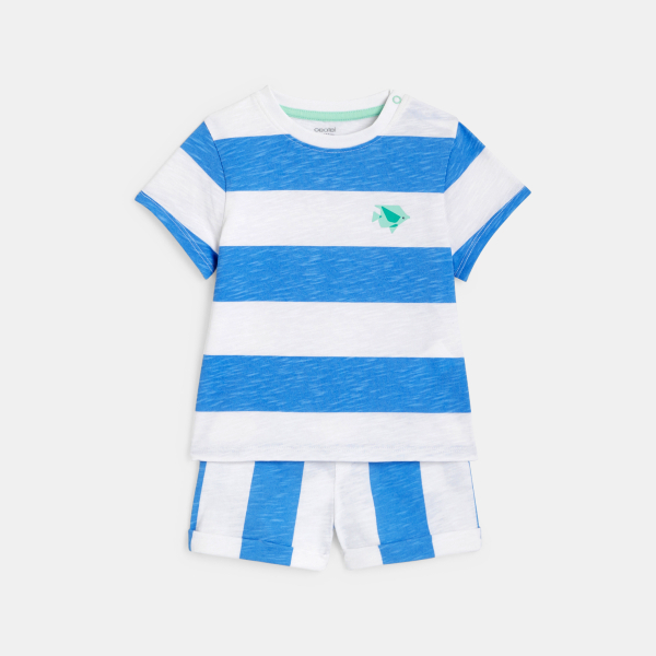 T-shirt et short rayures larges bleu bébé garçon
