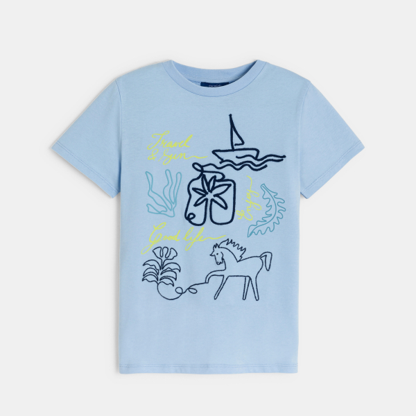 T-shirt manches courtes brodé bleu ciel Garçon