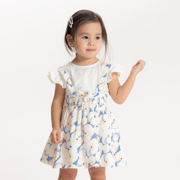Ensemble jupe fleurie à bretelles et t-shirt blanc bébé fille