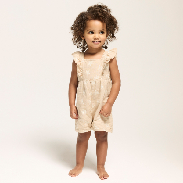 Combi courte lin et coton fleurie beige bébé fille