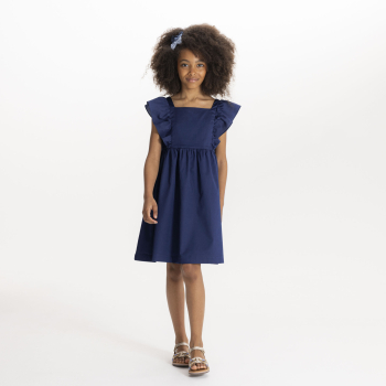 Robe évasée imprimée à mancherons volantés bleu fille