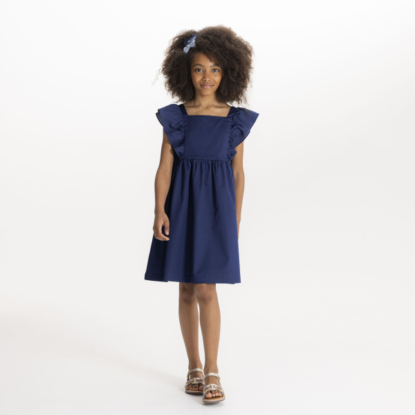 Robe évasée imprimée à mancherons volantés bleu fille