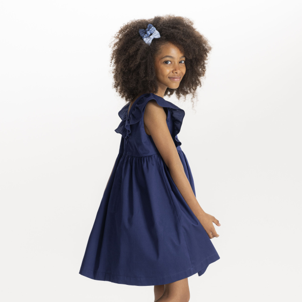 Robe évasée imprimée à mancherons volantés bleu fille
