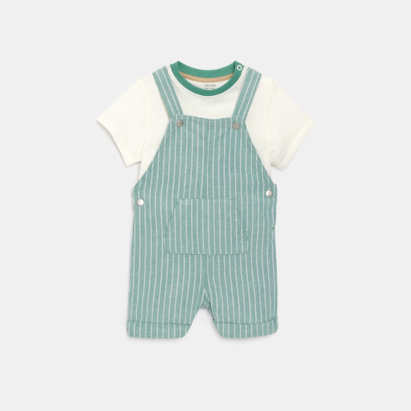 Salopette courte rayée et tee-shirt vert bébé garçon