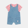 Salopette courte denim et t-shirt fruits bleu bébé fille
