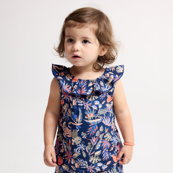 Blouse col volanté et short denim léger bleu bébé fille