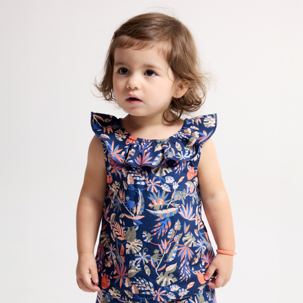 Blouse col volanté et short denim léger bleu bébé fille