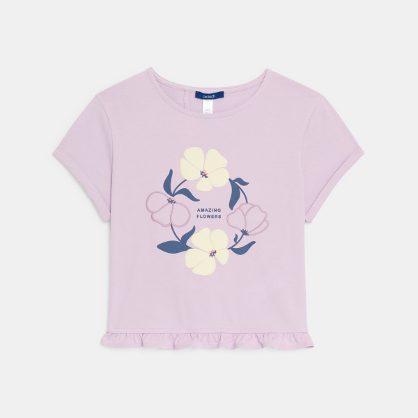 T-shirt manches courtes à fleurs mauve Fille