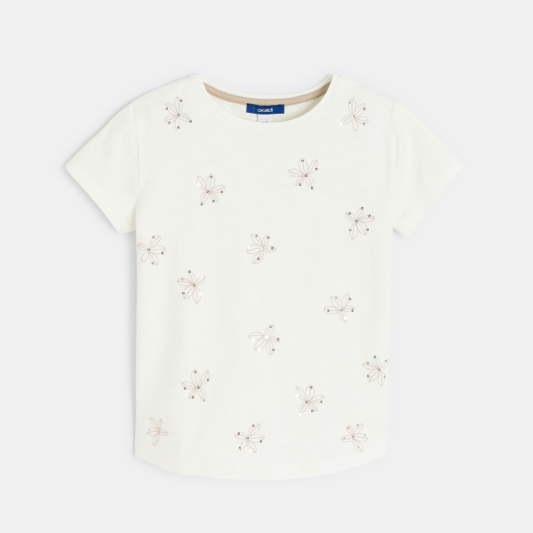 T-shirt manches courtes à fleurs brodées blanc Fille