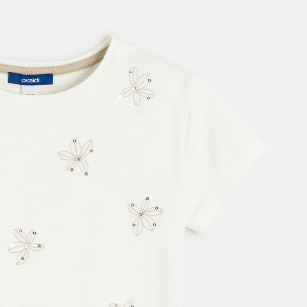 T-shirt manches courtes à fleurs brodées blanc Fille