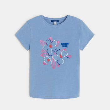 T-shirt manches courtes motif fleur bleu Fille