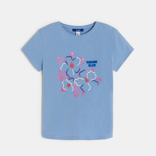 T-shirt manches courtes motif fleur bleu Fille