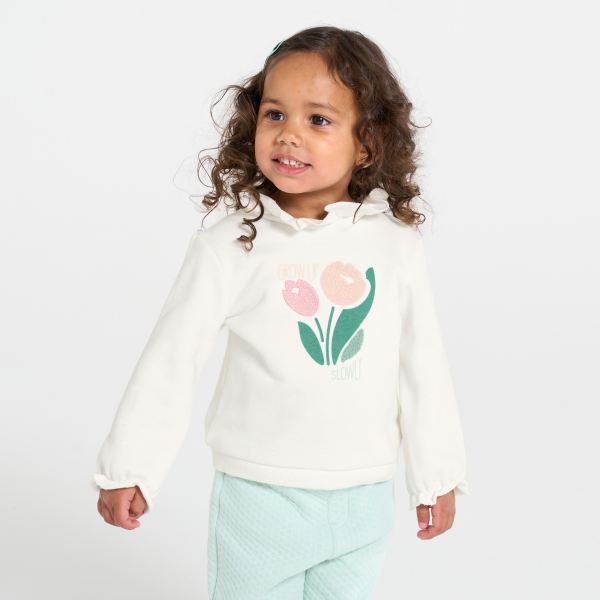 Sweat molleton col volanté motif fleur blanc bébé fille