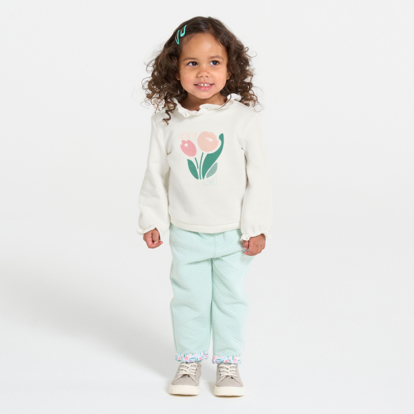 Sweat molleton col volanté motif fleur blanc bébé fille