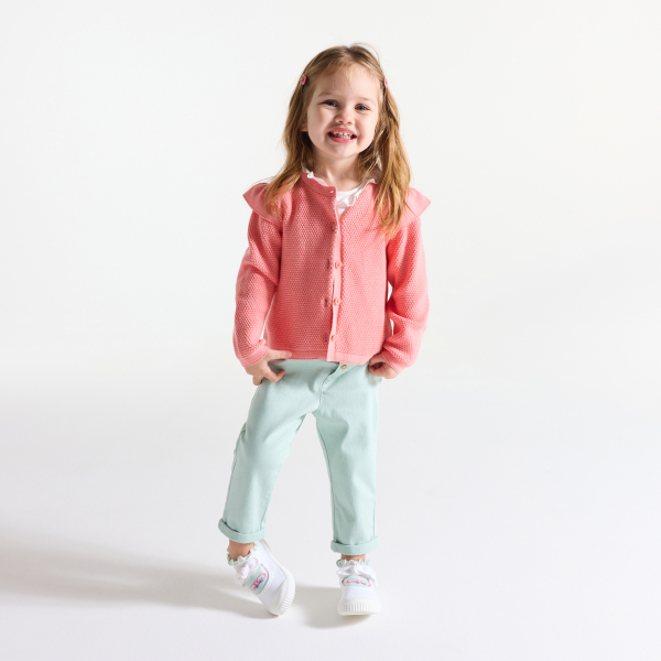 Gilet maille fantaisie irisée à volants orange bébé fille