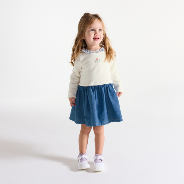 فستان 2 في 1، من الصوف الناعم والدنيم، باللون الأبيض للفتيات الرُضع