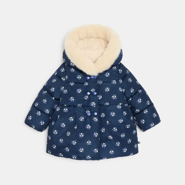Manteau déperlant matelassé fleuri bleu bébé fille