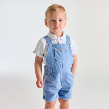 Salopette courte bleu et polo maille piquée blanc bébé garçon