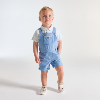 Salopette courte bleu et polo maille piquée blanc bébé garçon