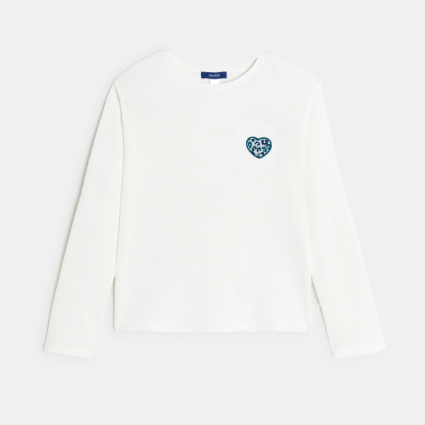 T-shirt manches longues cœur léopard blanc Fille