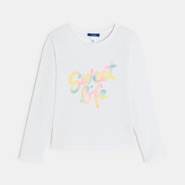 T-shirt manches longues à message blanc Fille