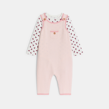 Salopette longue maille tricot et body fleuri rose bébé fille