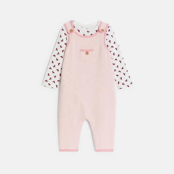Salopette longue maille tricot et body fleuri rose bébé fille