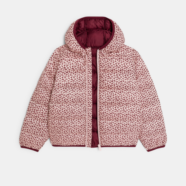 Doudoune à capuche imprimé léopard rose Fille