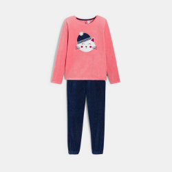 Pyjama 2 pièces en velours motif chat rose Fille