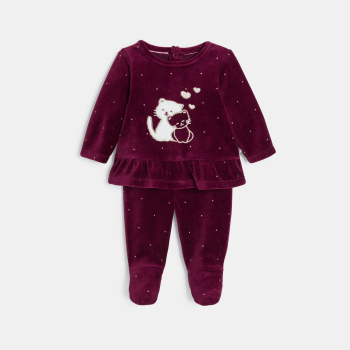Pyjama velours chat bordeaux bébé fille