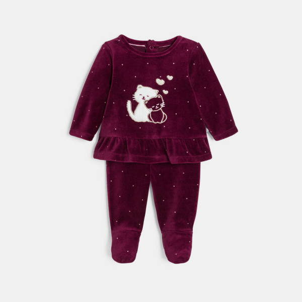 Pyjama velours chat bordeaux bébé fille