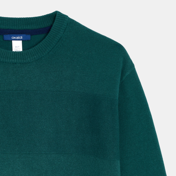 Pull col rond uni vert Garçon