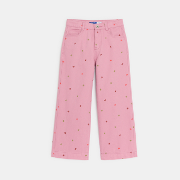 Pantalon large en toile motif papillon rose Fille