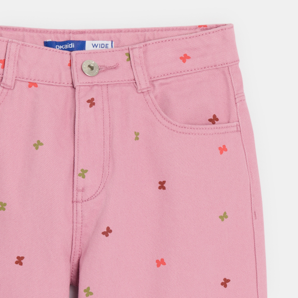 Pantalon large en toile motif papillon rose Fille