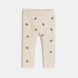 Legging tricot chiné blanc fleurs bébé fille