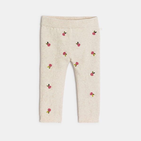 Legging tricot chiné blanc fleurs bébé fille