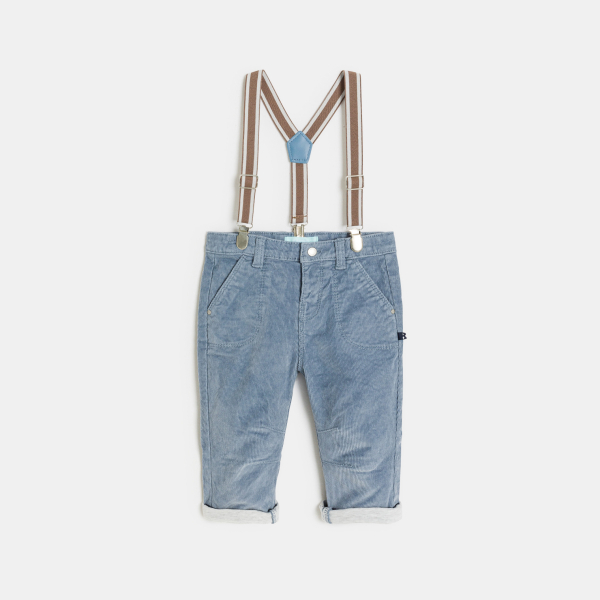 Pantalon velours côtelé à bretelles bleu bébé garçon