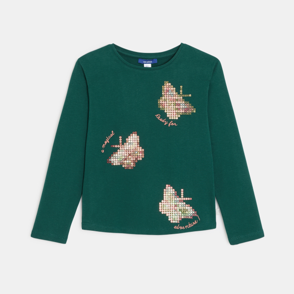 T-shirt manches longues motifs papillons vert Fille