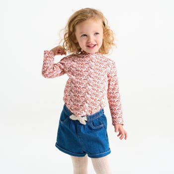 T-shirt côte plate col ondulé imprimé rose bébé fille