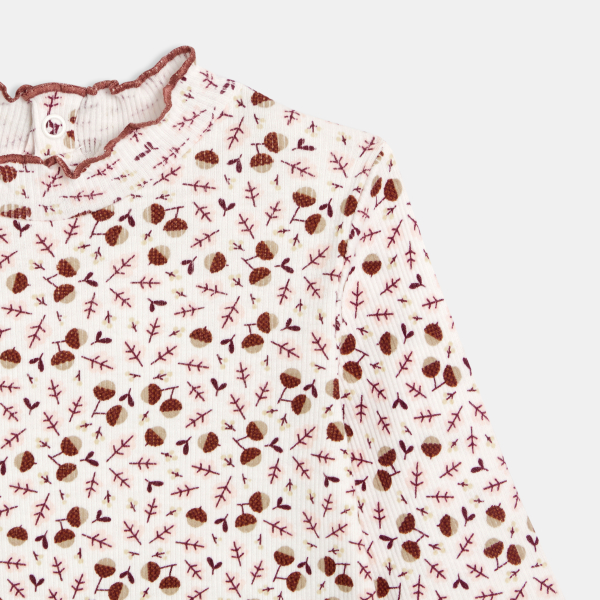 T-shirt côte plate col ondulé marron bébé fille