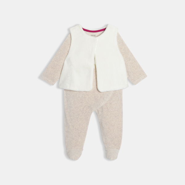 Dors-bien velours et gilet écru bébé fille